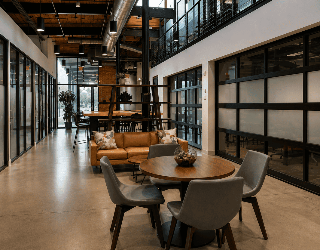 Modern coworking space with a cozy seating area, round table, and large glass windows in a stylish office environment.