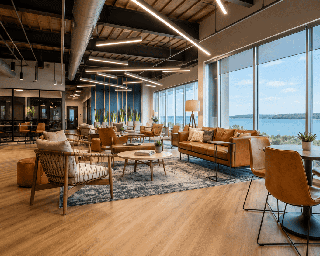 Modern coworking space with large windows overlooking water, stylish furniture, and contemporary lighting.