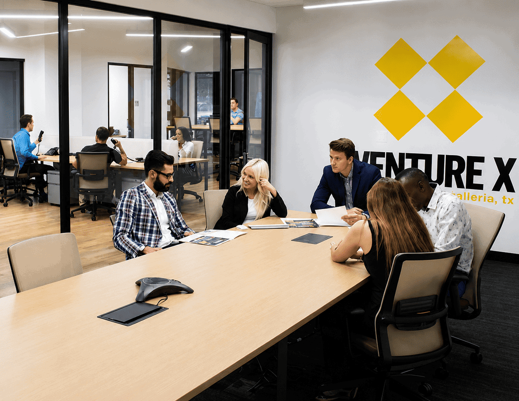 Business meeting at Vast Coworking in Enterprise, Texas, with diverse professionals collaborating in a modern coworking space.
