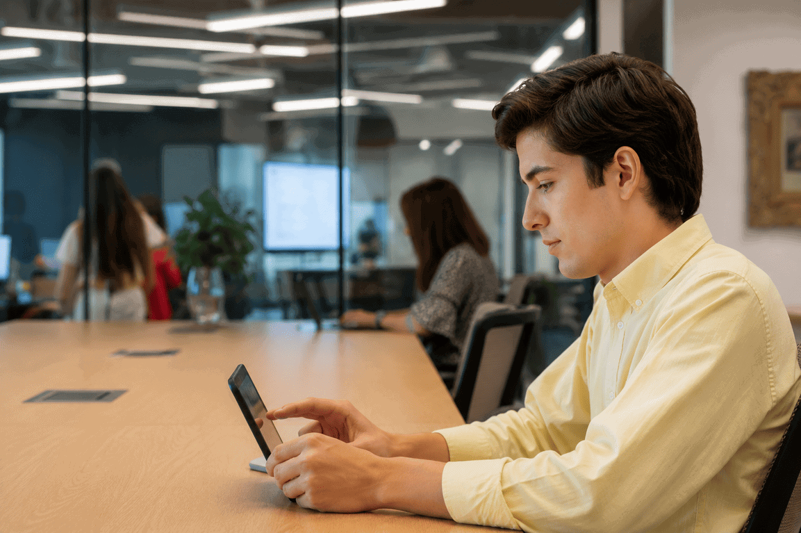 Young man using a smartphone in a modern coworking space with colleagues in the background.