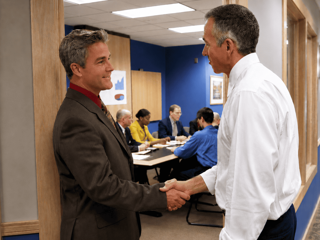 Two businessmen shaking hands in a modern coworking space with a meeting in progress in the background.