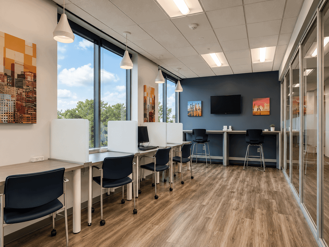 Bright coworking space with large windows, individual workstations, and a meeting area, ideal for professionals and entrepreneurs.