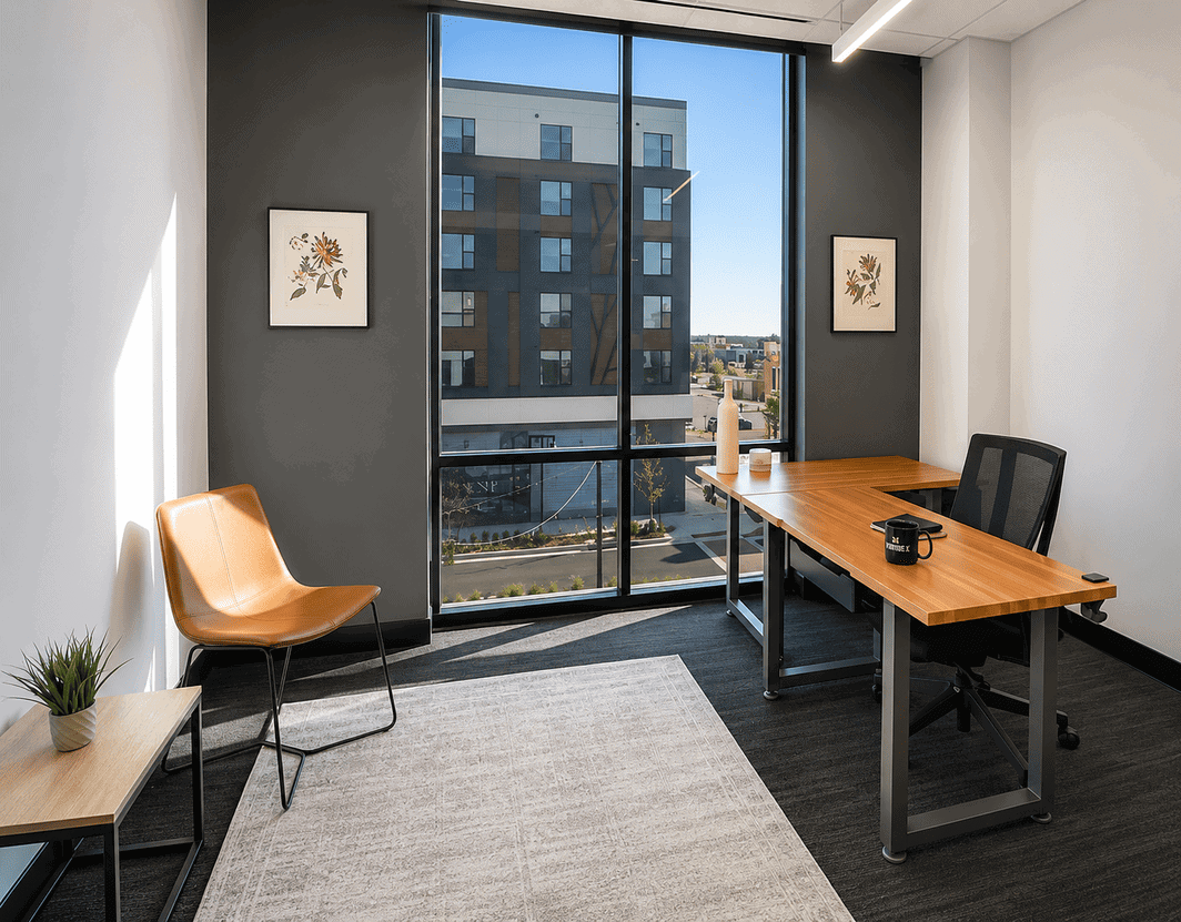 Modern office space with a wooden desk, black chair, tan lounge chair, and large window overlooking city buildings.