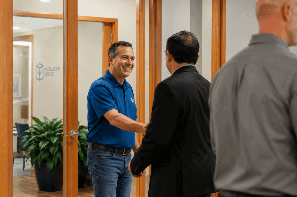 Business professionals shaking hands in a modern coworking space at Vast Coworking.