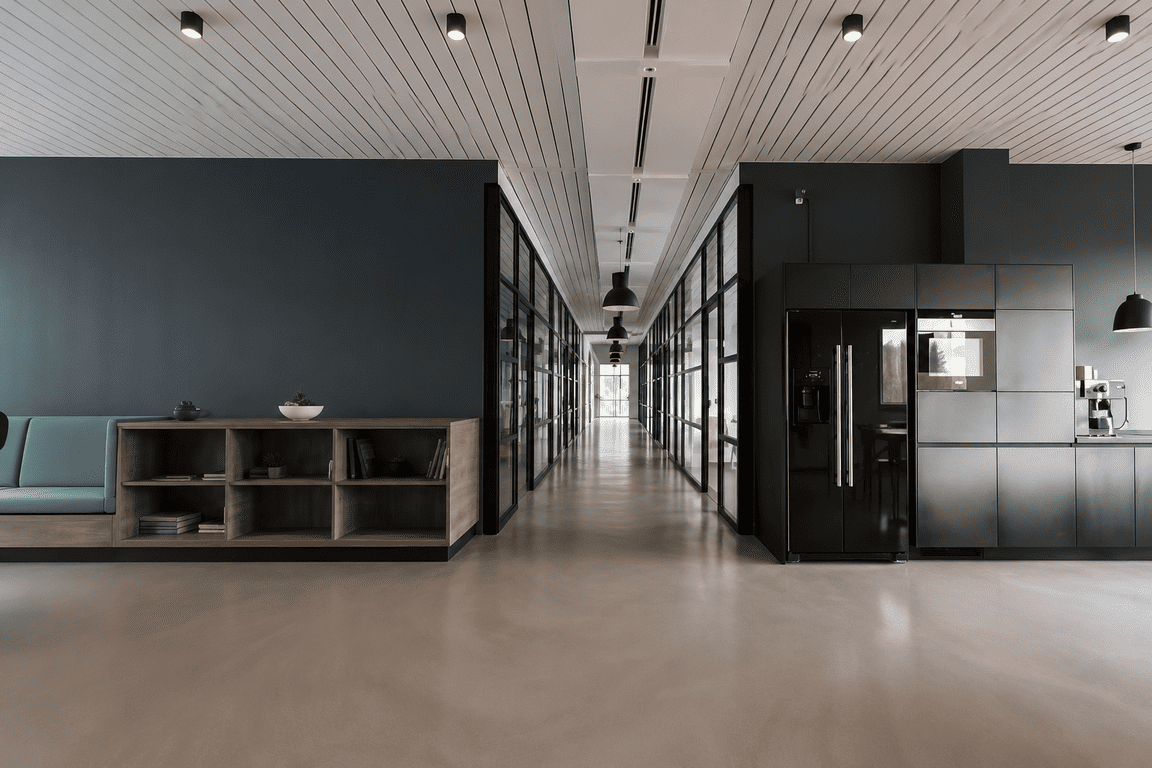 Modern coworking space with sleek black and glass partitions, minimalist decor, and bright lighting, ideal for professional collaboration.